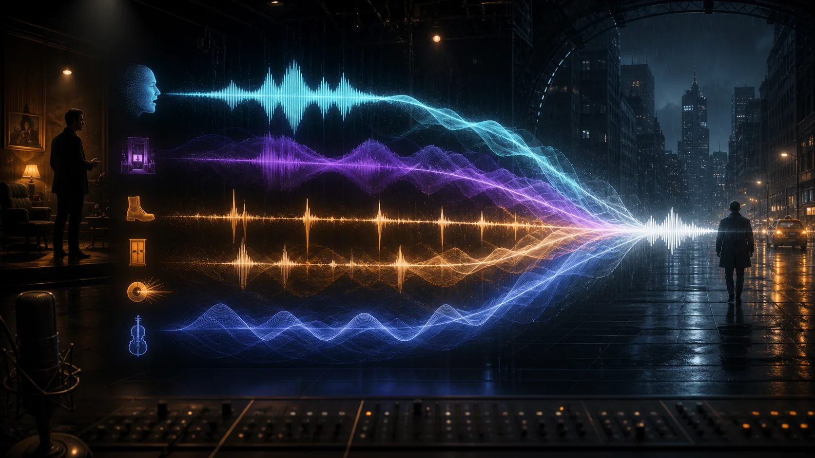 Concept illustration of dialogue, ambience, foley, and music layers around a rainy scene; not a generated audio result