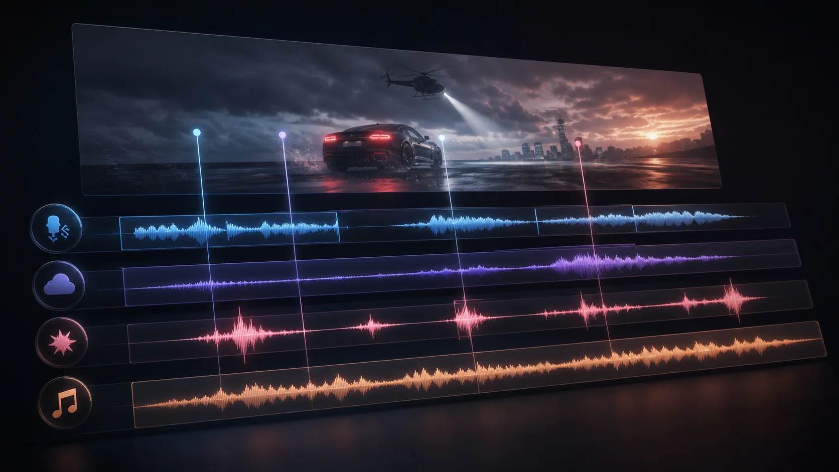 Concept illustration of a dubbing timeline with separate audio layers; not a screenshot of this generator