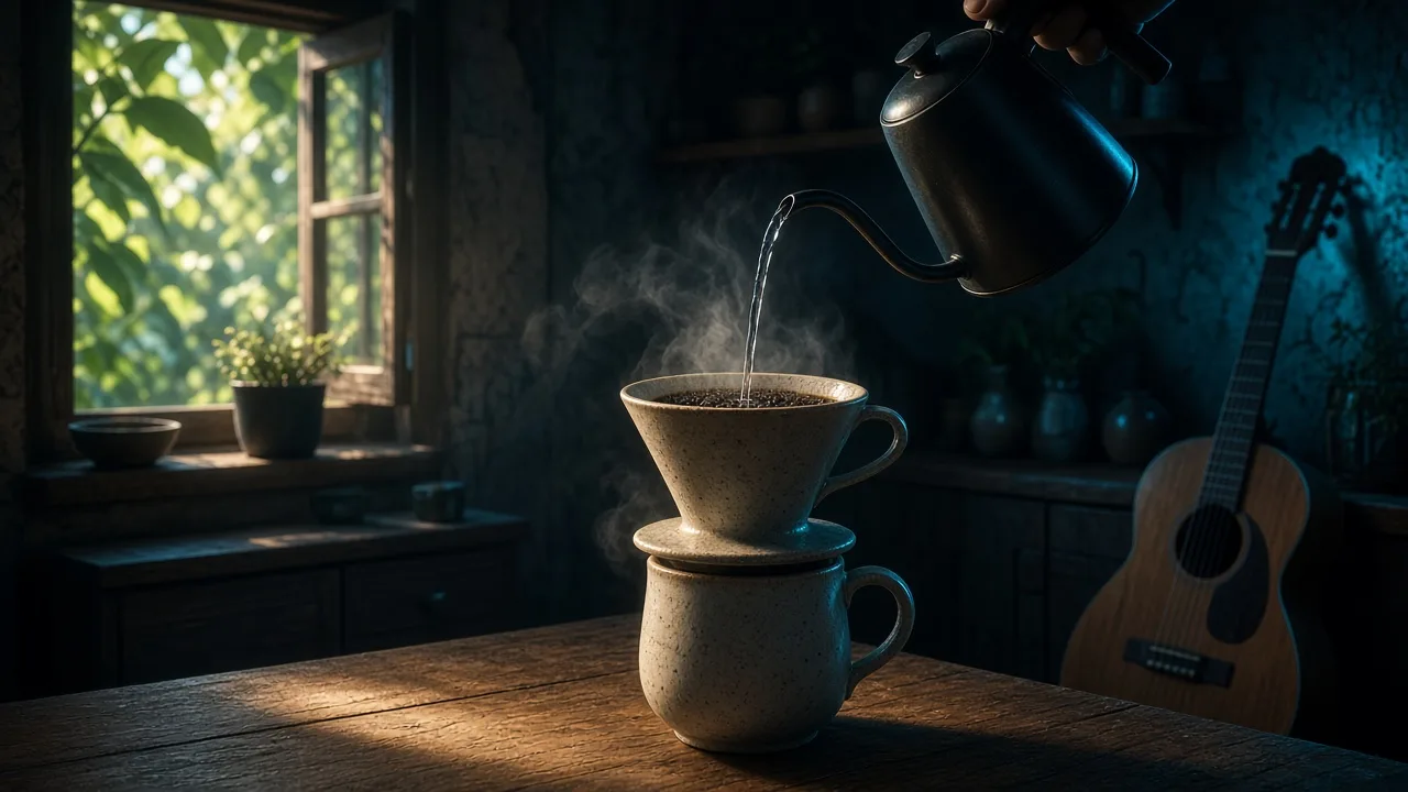 Hot water poured from a gooseneck kettle over coffee in a sunlit kitchen with an acoustic guitar nearby