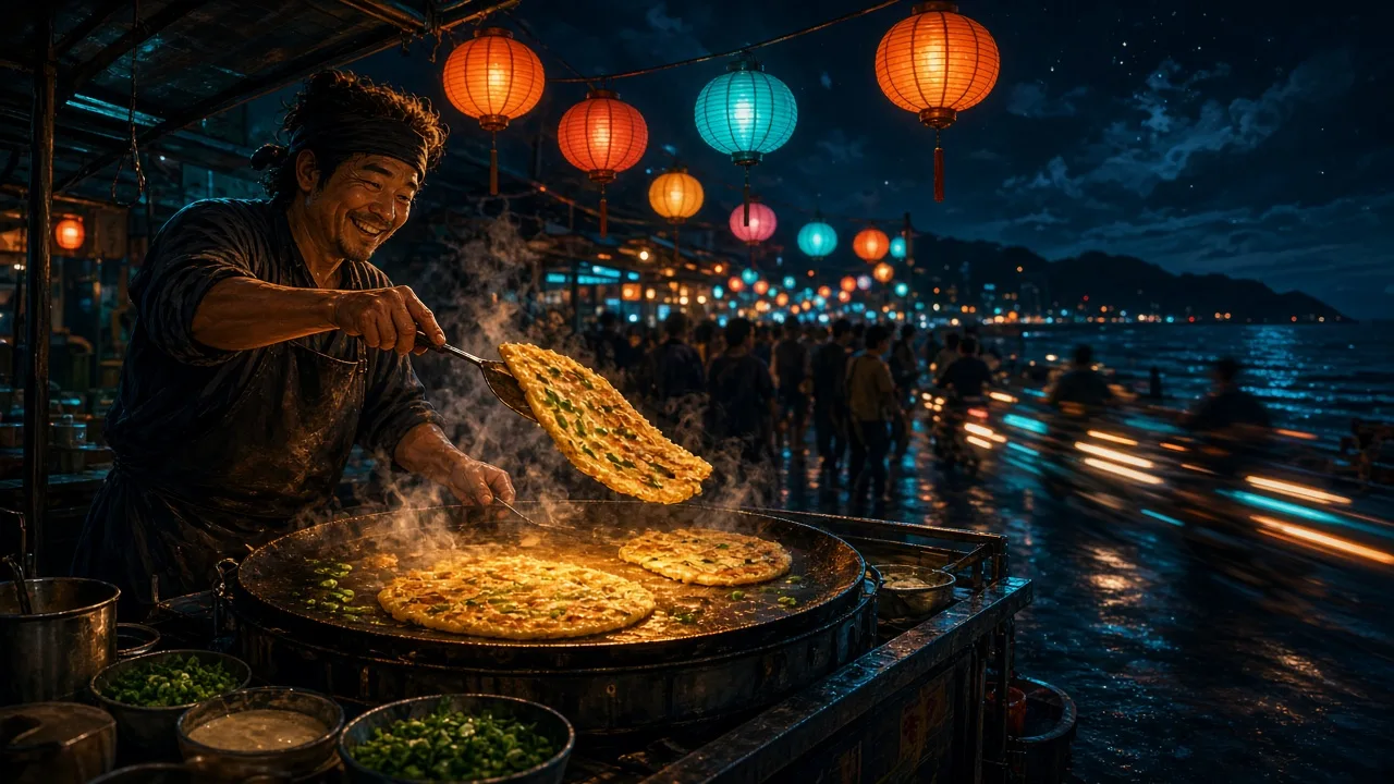 A street vendor flipping scallion pancakes under glowing paper lanterns at a seaside night market