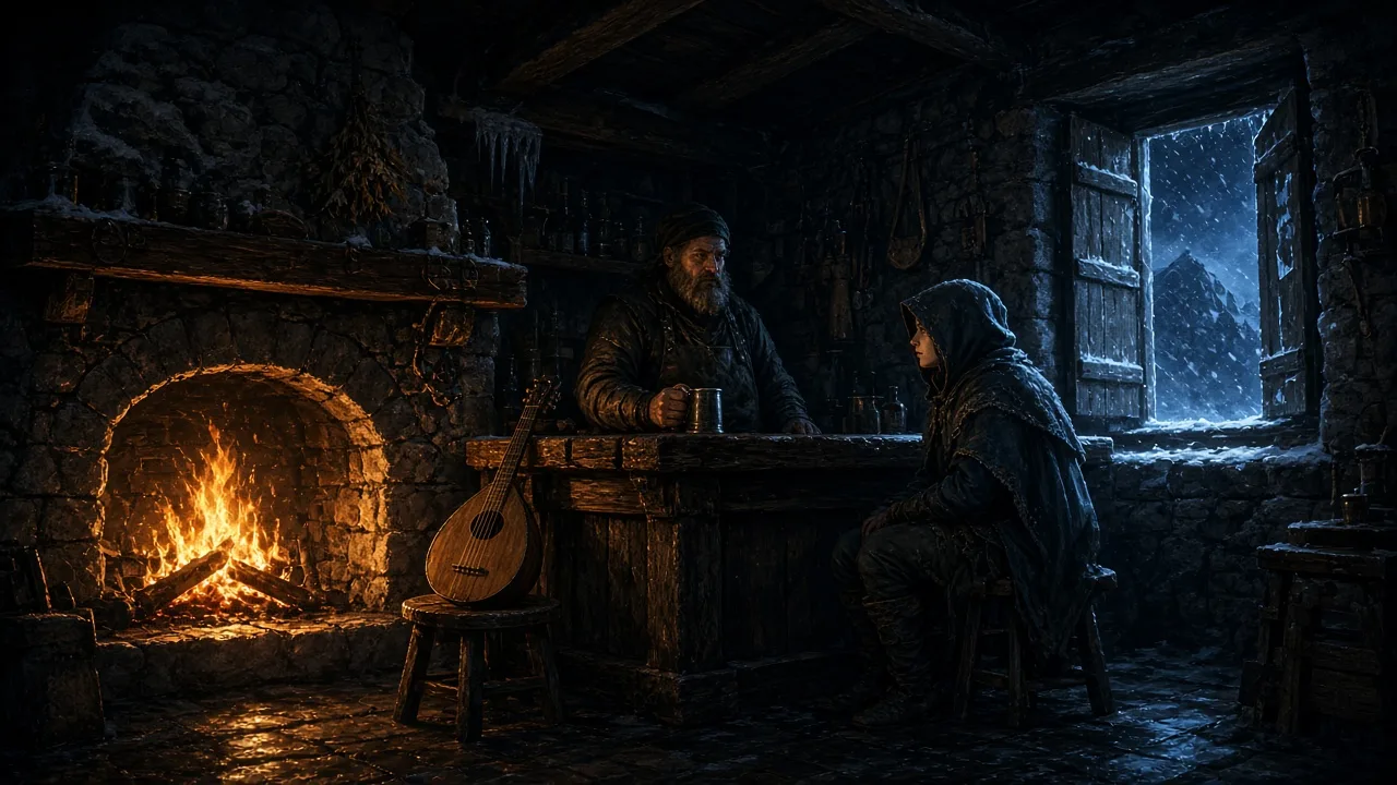 A bearded innkeeper and a hooded traveler by a fireplace in a snowbound mountain tavern